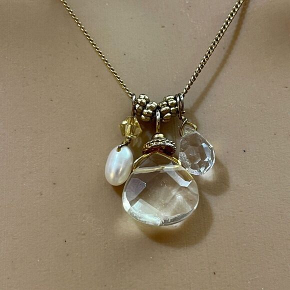 Handmade Teardrop Quartz Necklace Gold Tone Chain Cultured Pearl Rhinestone 20in - Picture 4 of 13